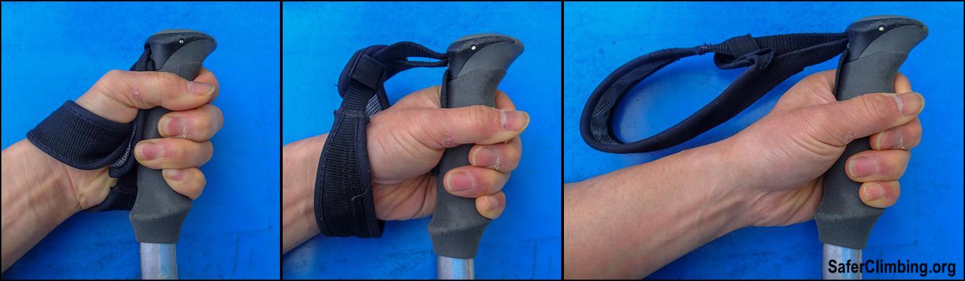 Three ways to use a strap of a walking pole